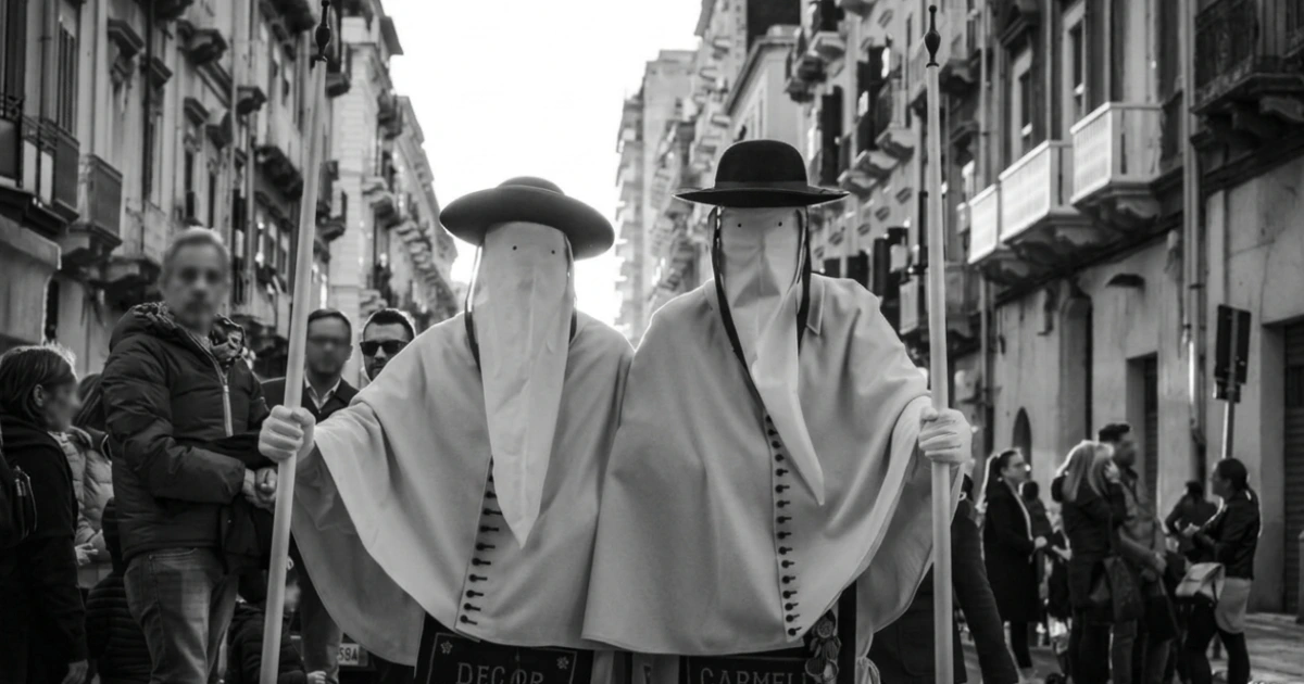 Due Perdoni della Confraternita del Carmine durante i Riti della Settimana Santa a Taranto.